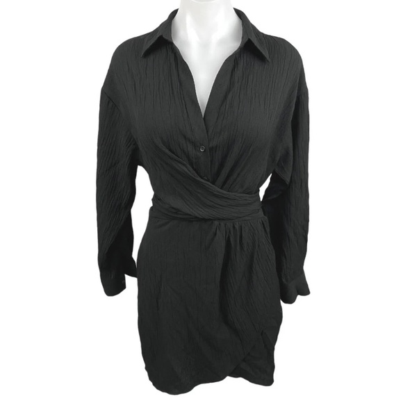 Zara Black Collared V-Neck Long Sleeve Mini Wrap Dress  size XL - Picture 10 of 10